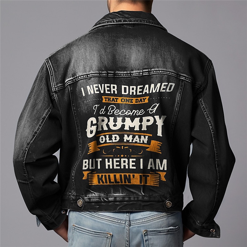 Men's Letter Coat Jean Jacket Denim Jacket Comfortable Breathable Vintage Casual Sports & Outdoor Going out Weekend Buttons Print Fall & Winter Turndown Long Sleeve Black Blue