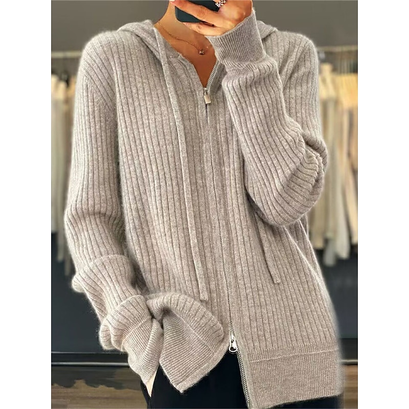 Women's Cardigan Sweater Stylish Casual Soft Solid Color Ribbed Hooded Zipper Long Sleeve Regular Tops Knit Outdoor Daily Going out Black Camel Fall Winter3