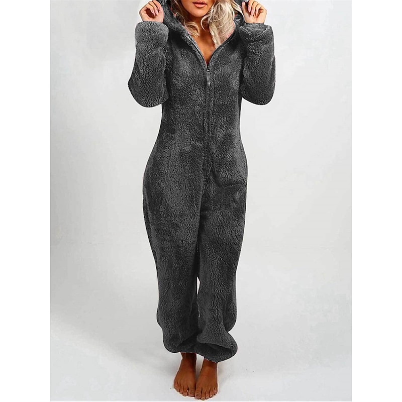 Women's One-Piece Hooded Pajama Solid Red Plush Fleece Long Sleeve Winter Sleepwear Cozy Homewear Comfort Fit Home Outfits2