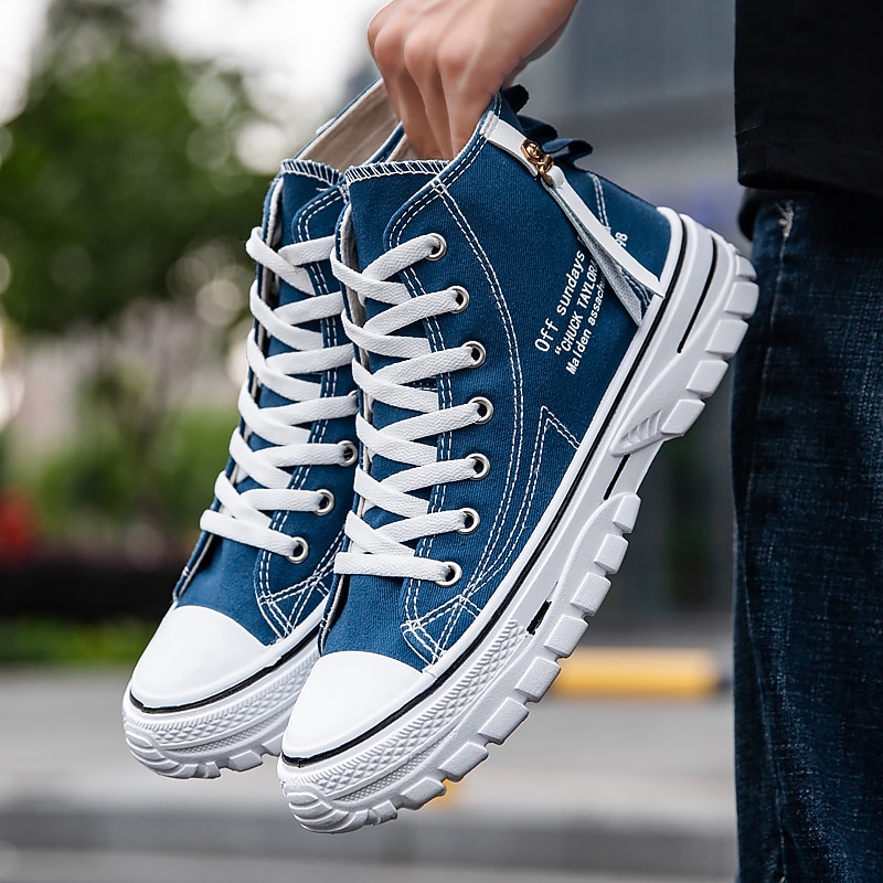 Men's Blue High-Top Canvas Sneakers with White Sole and Lace-Up Design, Casual Athletic Shoes for Streetwear and Daily Wear3