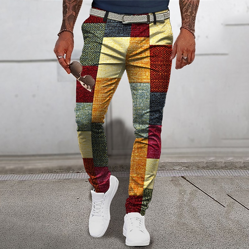 Plaid Geometry Business Men's 3D Print Pants Trousers Outdoor Street Wear to work Polyester Yellow Blue Green S M L Mid Waist Elasticity Pants