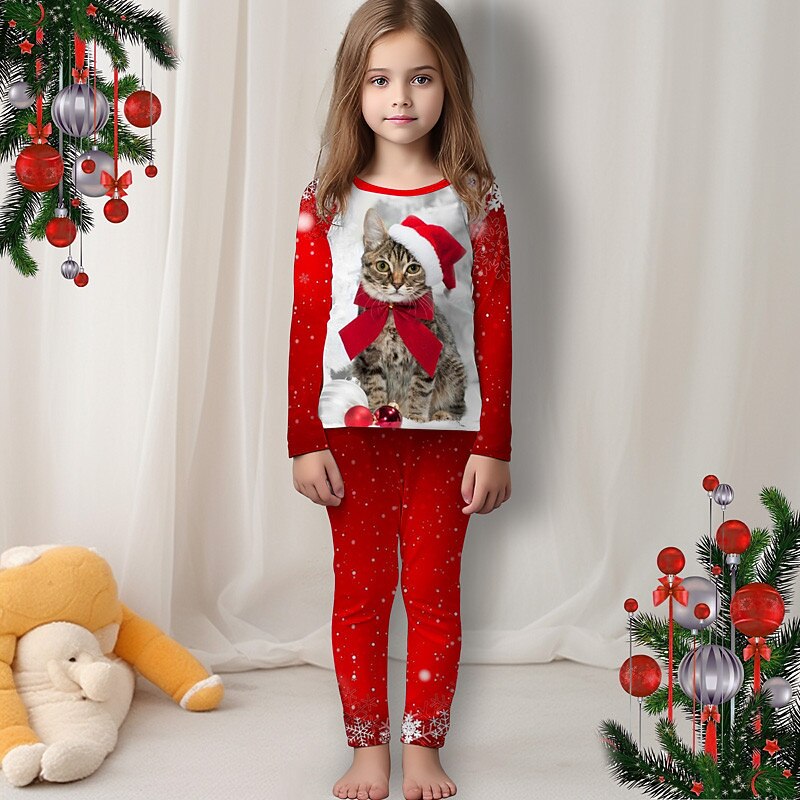 Christmas Girls' 3D Cat Christmas Pajamas Pajama Sets Long Sleeve 3D Print Fall Winter Active Fashion Cute Polyester Kids 3-12 Years Crew Neck Home Causal Indoor Regular Fit3