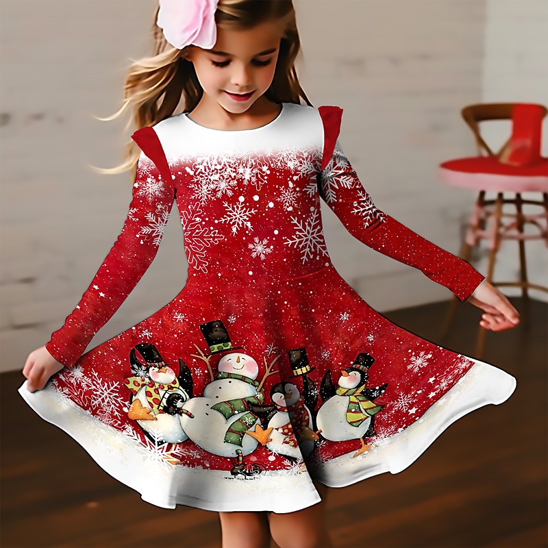 Christmas Girls' 3D Snowman Snowflake Christmas Dress Snowflake Dress Ruffle Dress Long Sleeve 3D Print Fall Winter Sports & Outdoor Daily Holiday Cute Casual Beautiful Kids 3-12 Years Casual Dress A