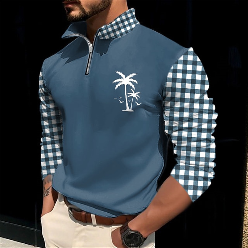 Kentucky Derby Men's Plaid Coconut Tree Zip Polo Golf Polos Shirts Long Sleeve Polo Shirts Zip Casual Outdoor Casual Daily Streetwear 3D Print Fall & Winter White Blue Green3