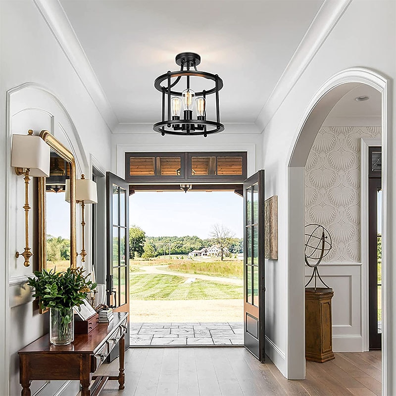 Modern Black Semi Flush Ceiling Light Fixture, 3 Light Traditional Pendant Light, Rustic Ceiling Light for Bedroom Living Room Dining Hall Hallway Kitchen 110-240V