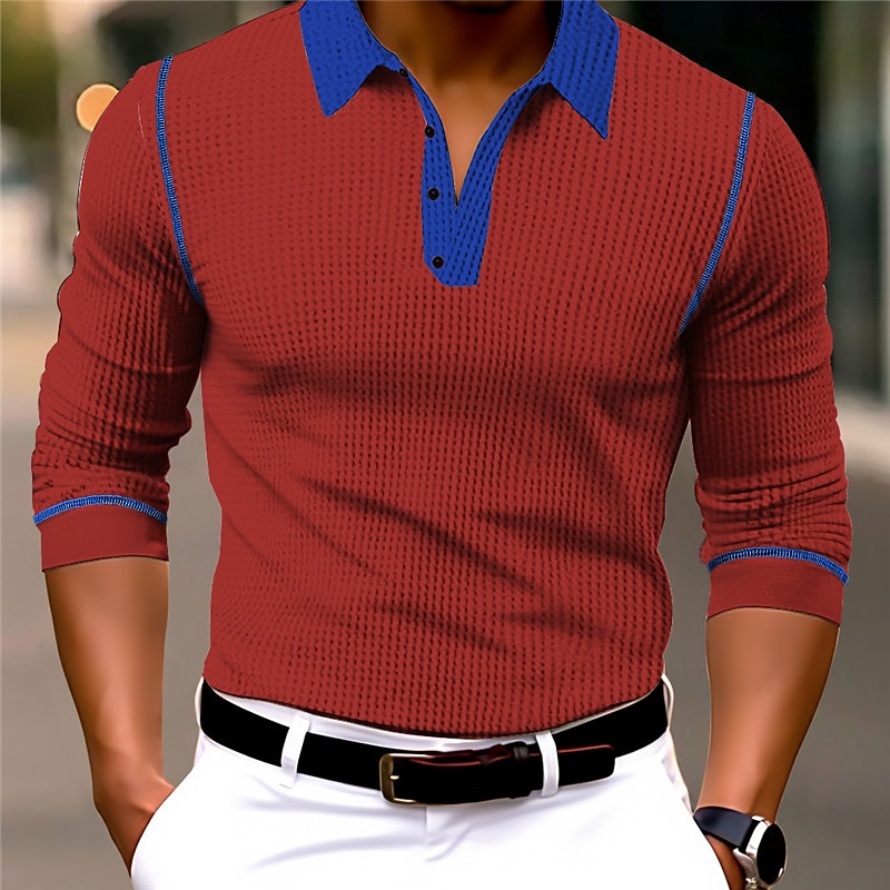 Men's Button Up Polos Polo Shirt Casual Sports Lapel Long Sleeve Fashion Basic Color Block Button Spring &  Fall Regular Fit White Red Orange Brown Dark Blue Button Up Polos3
