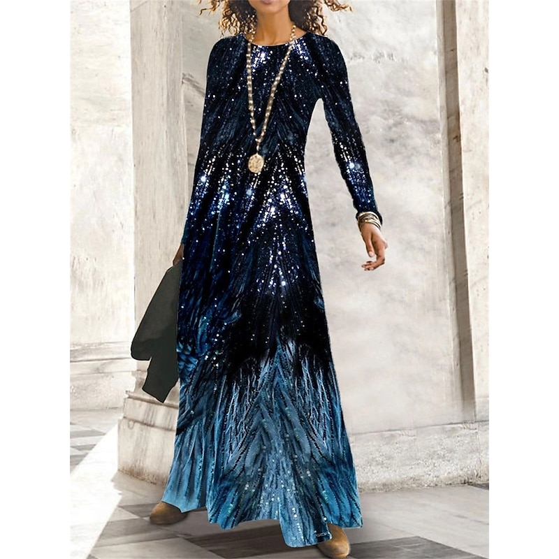 Women's Print Print Crew Neck Long Dress Maxi Dress Elegant Classic Daily Vacation Long Sleeve Fall Winter