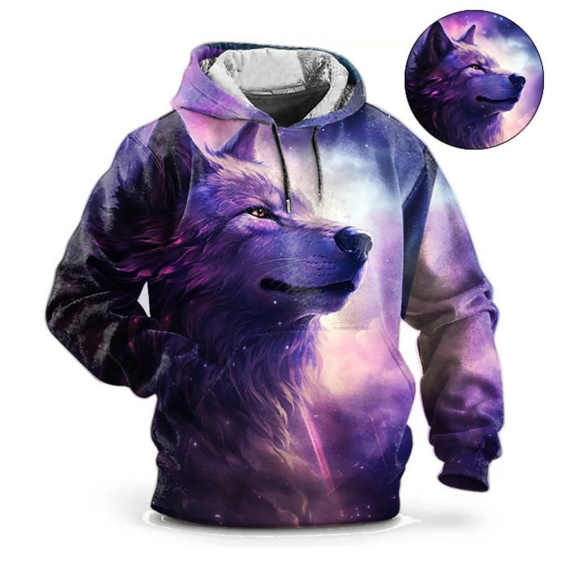 Men's Graphic Animal Wolf Hoodie Hoodies Sweatshirt Fashion Daily Long Sleeve Hooded Vacation Sports Outdoor Holiday Blue Purple Print Front Pocket Spring &  Fall Designer4