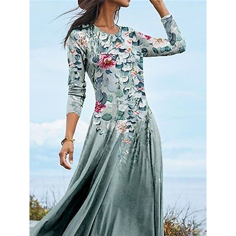 Women's Midi Dress A Line Dress Casual Dress Winter Dress Swing Dress Fashion Streetwear Mature Formal Outdoor Vacation Regular Fit Floral Long Sleeve Crew Neck Blue Green Fall Winter2