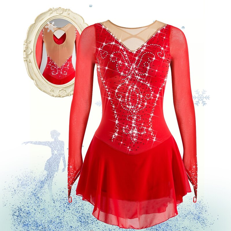 Figure Skating Dress Women's Girls' Ice Skating Dress White Black Red Open Back Mesh Spandex High Elasticity Training Competition Skating Wear Handmade Classic Crystal / Rhinestone Long Sleeve Ice