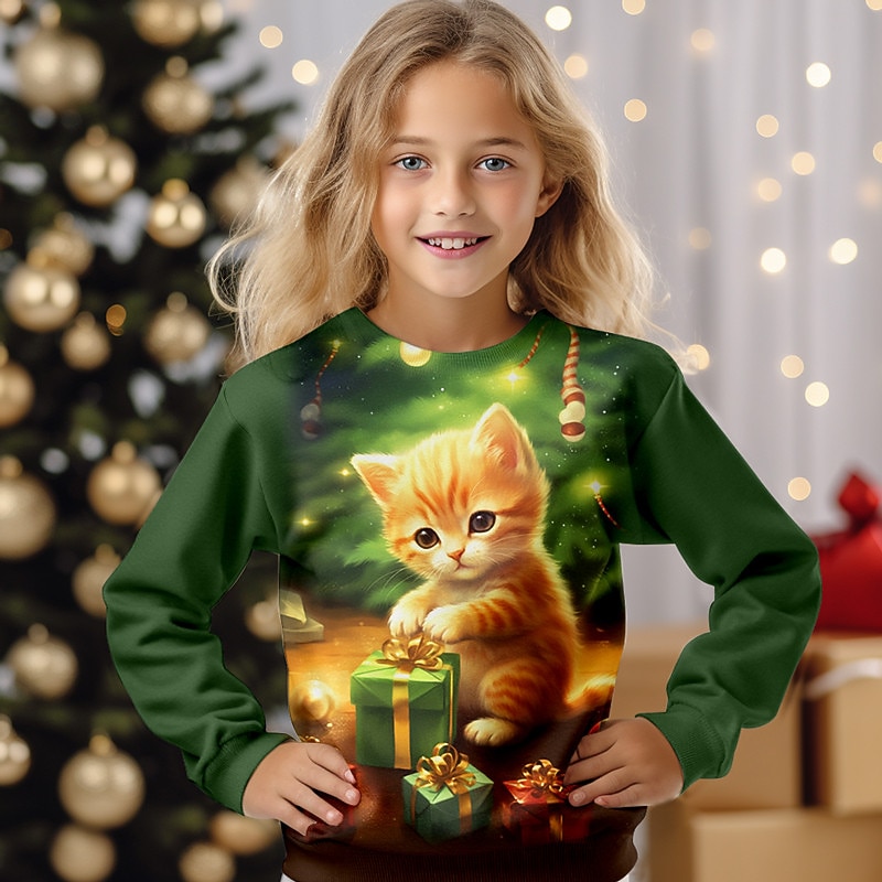 Christmas Girls' 3D Christmas Tree Sweatshirt Pullover Long Sleeve 3D Print Fall Winter Fashion Streetwear Adorable Polyester Kids 4-12 Years Crew Neck Outdoor Casual Daily Regular Fit3