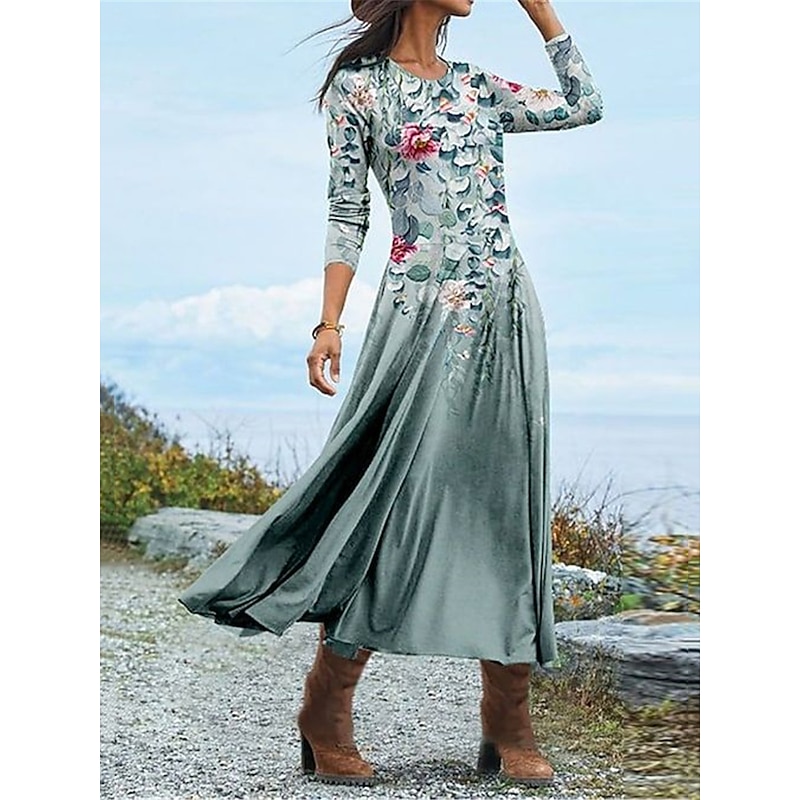 Women's Midi Dress A Line Dress Casual Dress Winter Dress Swing Dress Fashion Streetwear Mature Formal Outdoor Vacation Regular Fit Floral Long Sleeve Crew Neck Blue Green Fall Winter