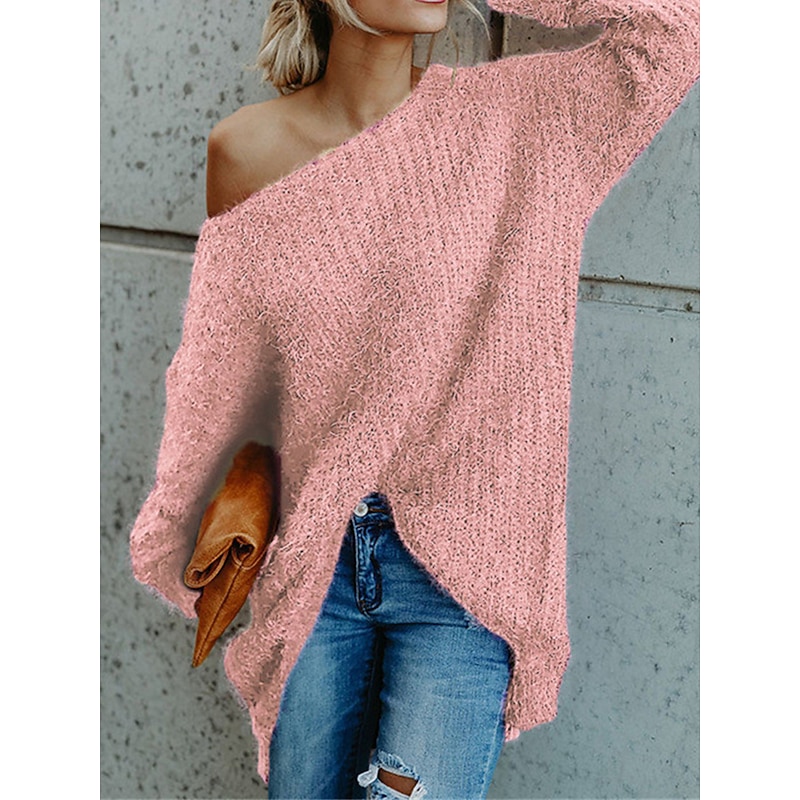 Women's Pullover Sweater Jumper Stylish Casual Soft Solid Color Ribbed One Shoulder Cold Shoulder Long Sleeve Short Knit Daily Going out Weekend Pink Navy Blue Fall Winter