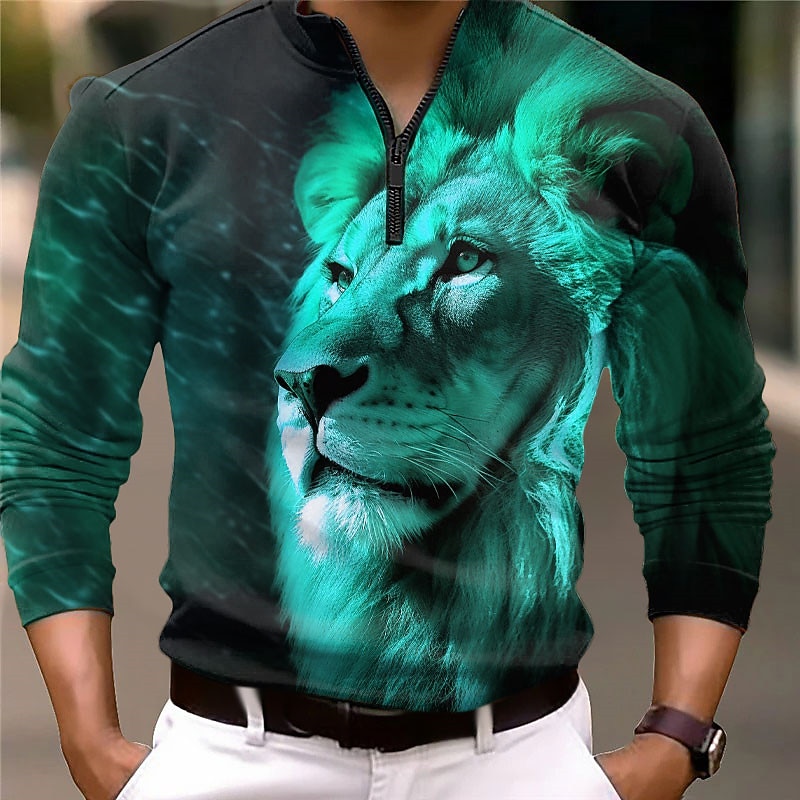 Men's Lion Zip Polo Long Sleeve Polo Shirts Zip Abstract Outdoor Casual Daily Streetwear 3D Print Fall & Winter Blue Orange Green3