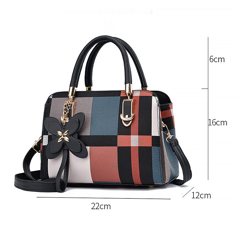 Women's Plaid Handbag with Faux Leather Handles and Shoulder Strap, Structured Top Handle Bag with Butterfly Charm for Office, Shopping and Daily Use4