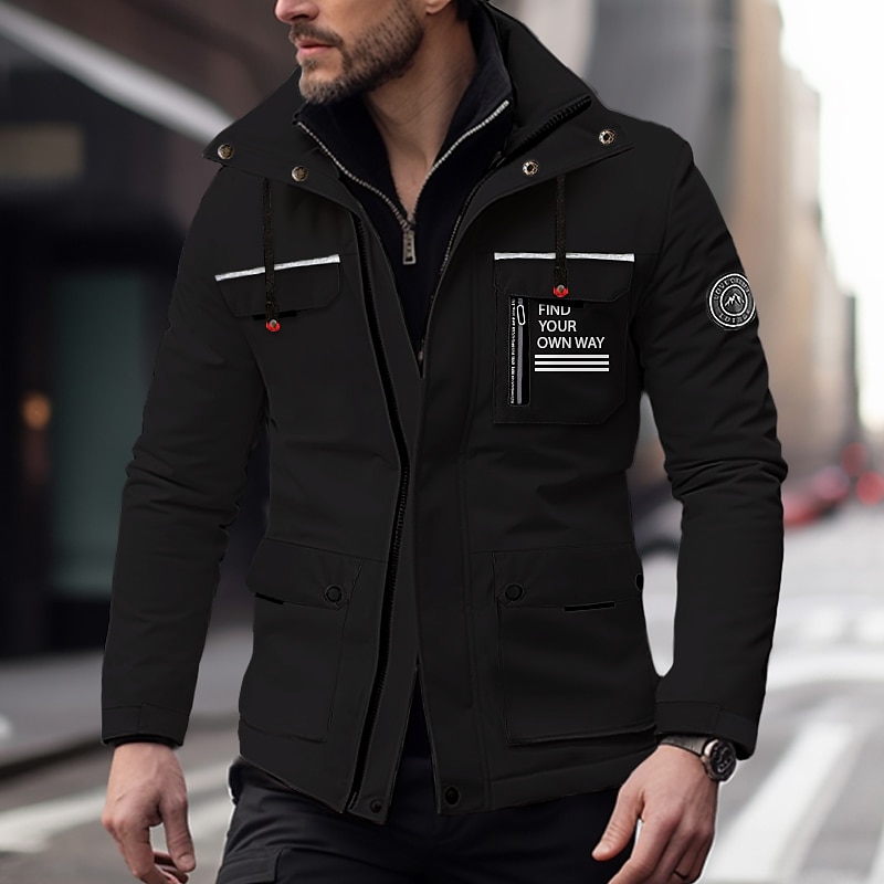 Men's Outdoor Jacket Winter Jacket Raincoat Sport Jacket Pocket Hooded Outdoor Mountain Bike Camping & Hiking Waterproof Windproof Spring Fall Letter Black White Red Army Green Puffer Jacket4