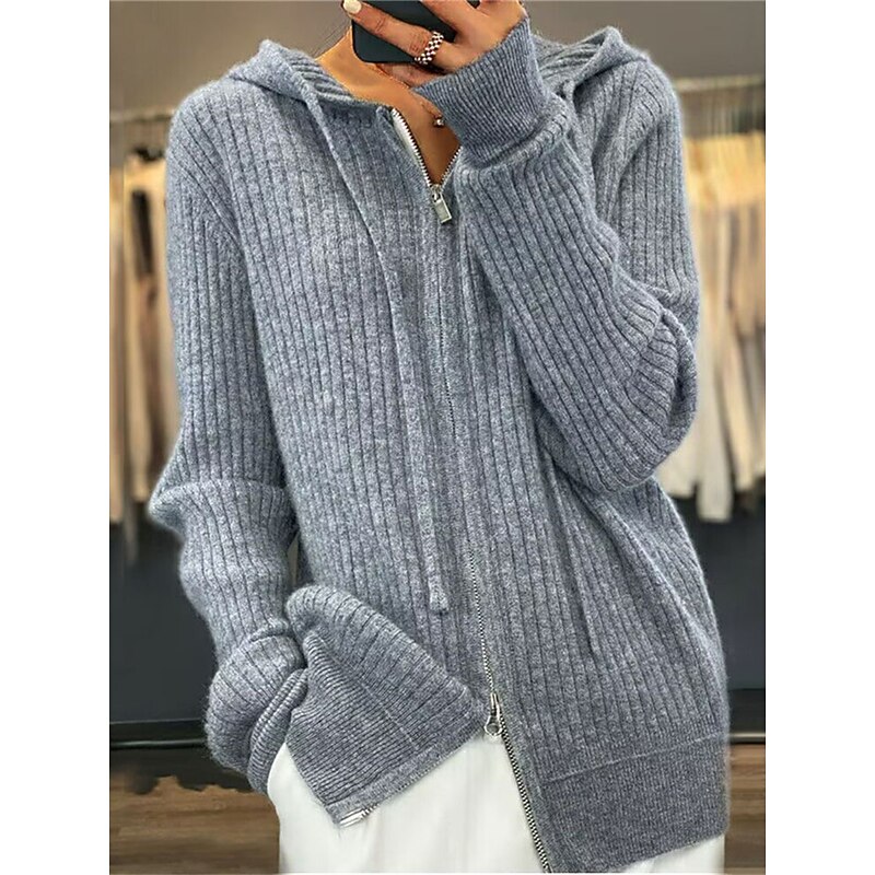 Women's Cardigan Sweater Stylish Casual Soft Solid Color Ribbed Hooded Zipper Long Sleeve Regular Tops Knit Outdoor Daily Going out Black Camel Fall Winter