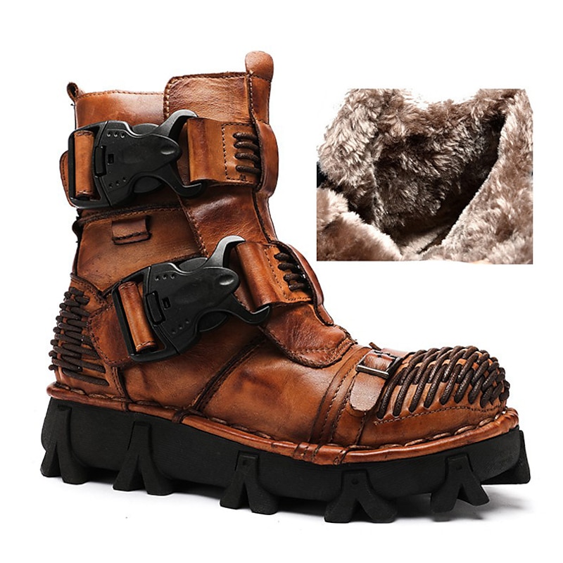 Men's Steampunk Motorcycle Boots with Double Buckle Straps and Rugged Sole, Brown Leather Gothic Footwear for Riding and Cosplay3