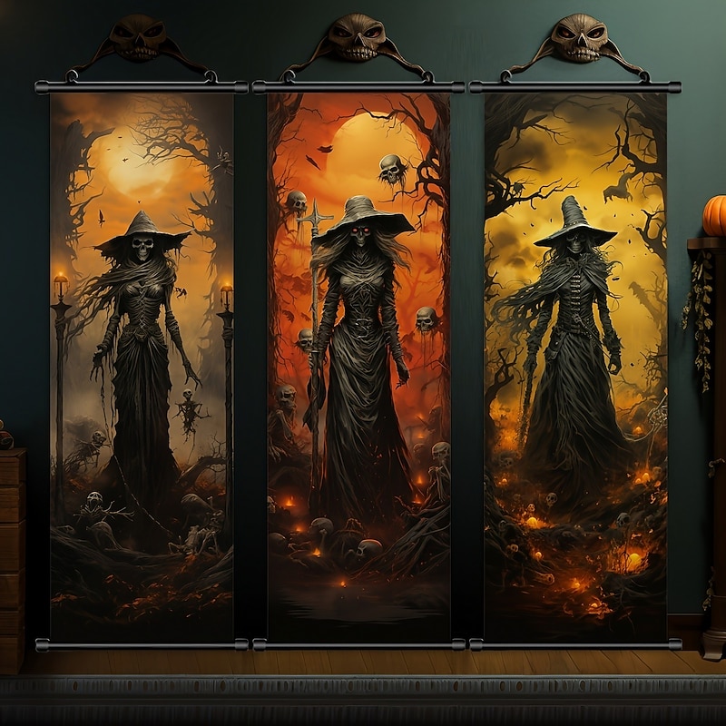 1pc Halloween Poster with Hangers Courtyard Skeleton Ghost Pumpkin Bat Party Witch Painting Lantern Enchantress Wall Art Canvas Posters Art For Home Living Room Decoration Wall Art Decor