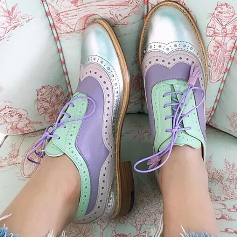 Women's Pink and Gray Glitter Wingtip Oxford Shoes with Chunky Sole - Stylish Lace-Up Brogues for Casual and Statement Outfits3