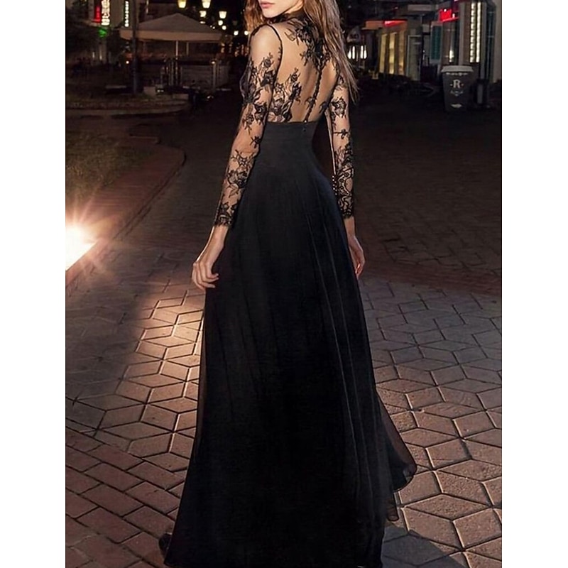 A-Line Evening Gown Vintage Dress Masquerade Floor Length Long Sleeve High Neck Black Dress Chiffon with Appliques2