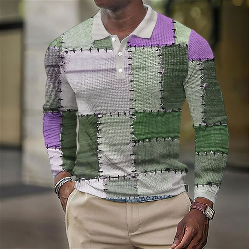 Men's Waffle Polo Shirts Golf Shirt Long Sleeve Polo Shirts Collared Shirts Vintage Casual Vacation Wear Formal Wear Festival Wear Buttons 3D Print Fall & Winter Blue Purple Green2