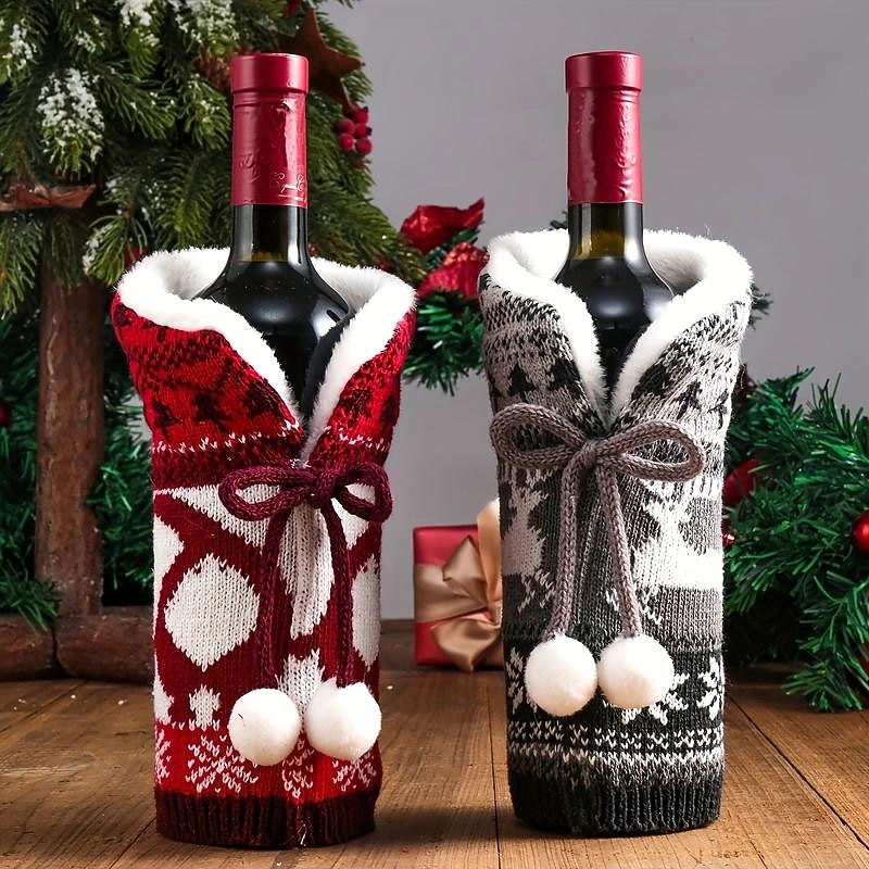 Christmas Wine Covers Fuzzy Ball Knit Wine Bottle Covers Christmas Decorations Ambiance Products Home Festive Wine Bottle Covers, Small Business Supplies