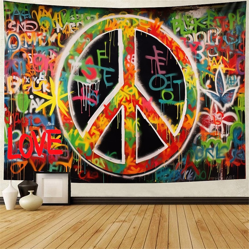 Hippie Groovy Hanging Tapestry Wall Art Large Tapestry Mural Decor Photograph Backdrop Blanket Curtain Home Bedroom Living Room Decoration Peaceful Love 1950s 1960s Music Festival Woodstock Party3