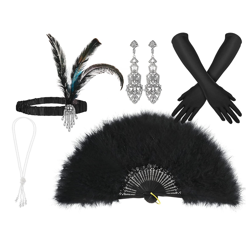 Vintage 1920s The Great Gatsby Flapper Headband Accessories Set Charleston Wedding Guest Feather Fancy Dress Women's Masquerade Wedding Reception Bachelorette Party Festival Adults' Gloves Headband4