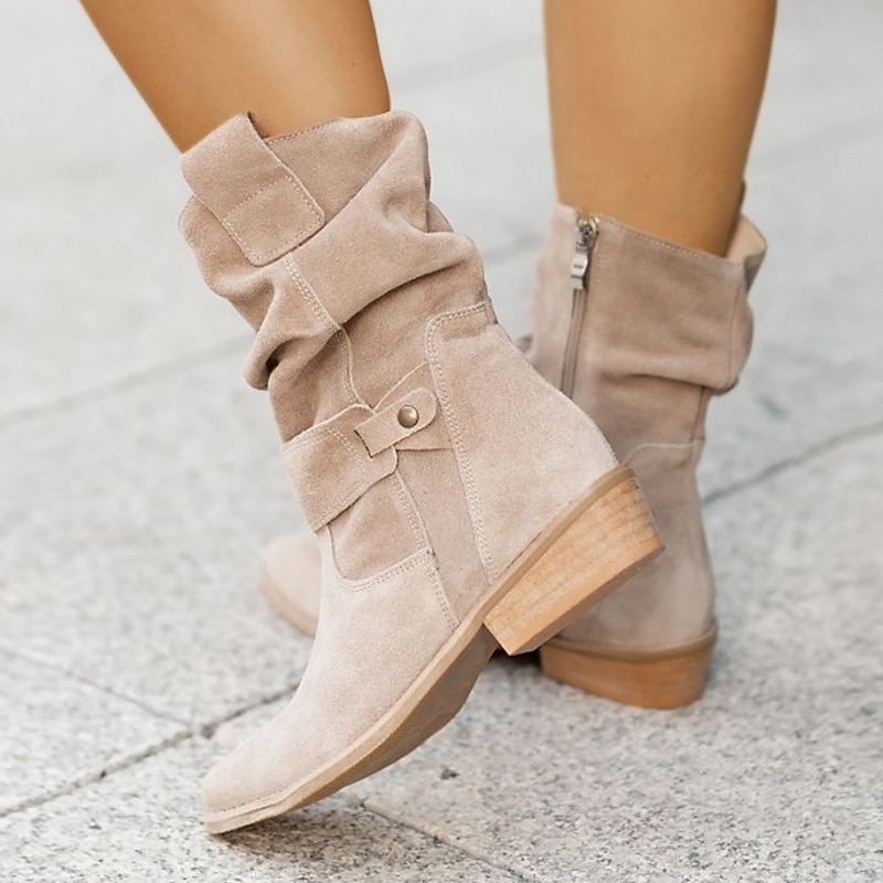 Women's Casual Beige Faux Suede Slouchy Ankle Boots with Buckle Detail - Perfect for Everyday Wear, Autumn Outings, and Casual Gatherings