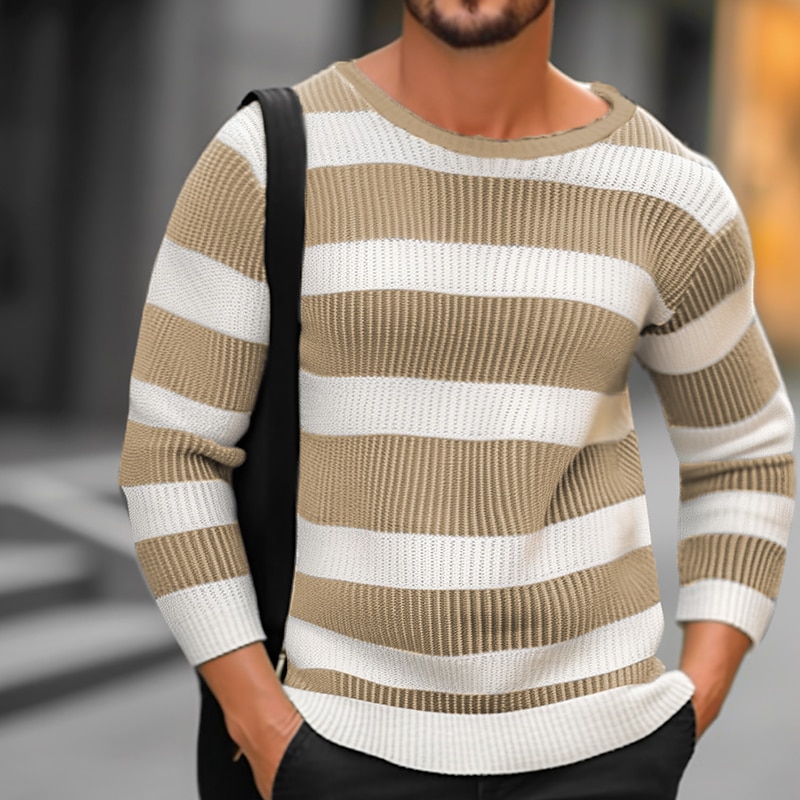 Men's Pullover Sweater Jumper Ribbed Knit Regular Knitted Striped Crew Neck Modern Contemporary Work Daily Wear Clothing Apparel Winter Black Red S M L4