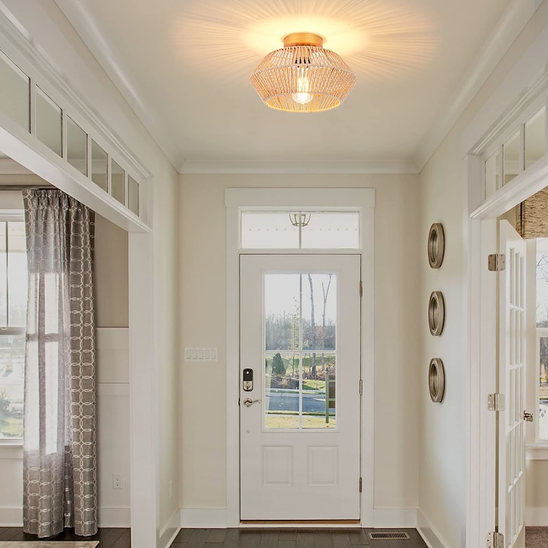 Rattan Semi-Flush Mount Ceiling Light with Brass Canopy, 11 Inch Semi-Flush Mount Lamp with Hand-Woven Rope Shade, Bohemian Ceiling Light for Hallway, Bedroom, Kitchen, Entryway 110-240V3