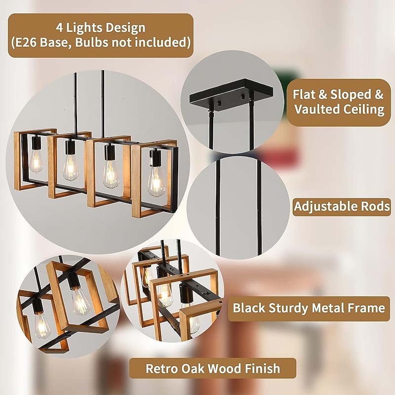 Kitchen Island Lighting, 4 - Light Dining Room Farmhouse Pendant Light, Black Modern Pendant Light, Pool Table Lamp, Wood and Matte Black Metal Finish (4 Heads, Wood) 110-240V2