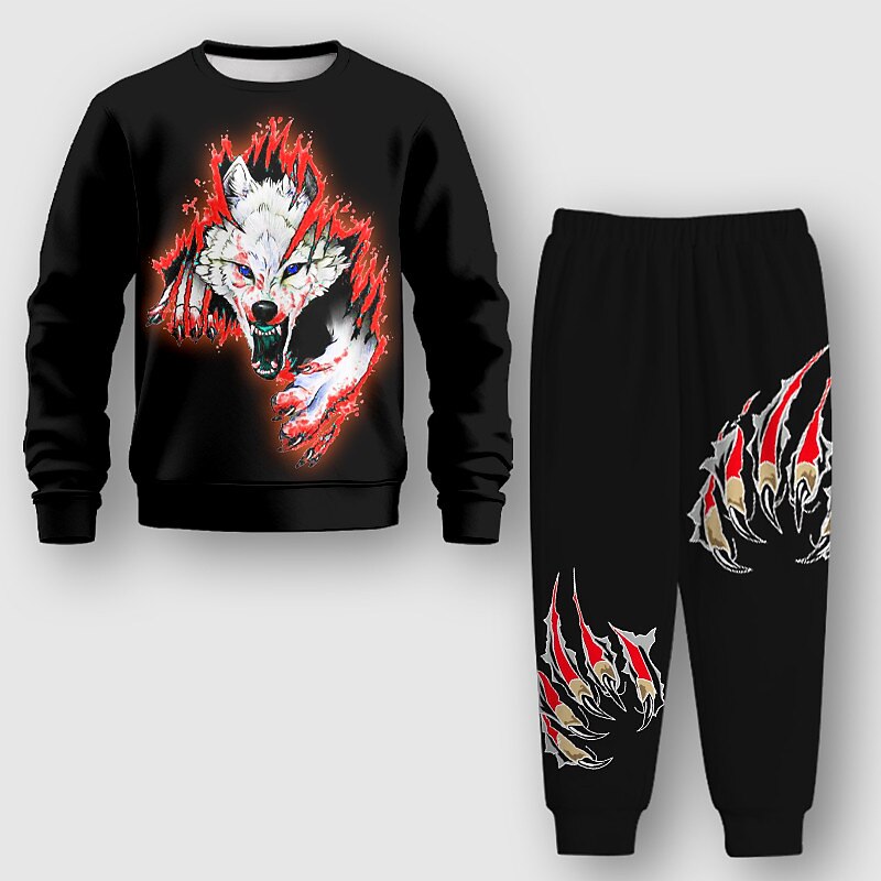 Boys 3D Wolf Sweatshirt & Sweatpants Set Set Long Sleeve 3D Printing Fall Winter Active Fashion Cool Kids 3-12 Years Crew Neck Outdoor Vacation Street Regular Fit2