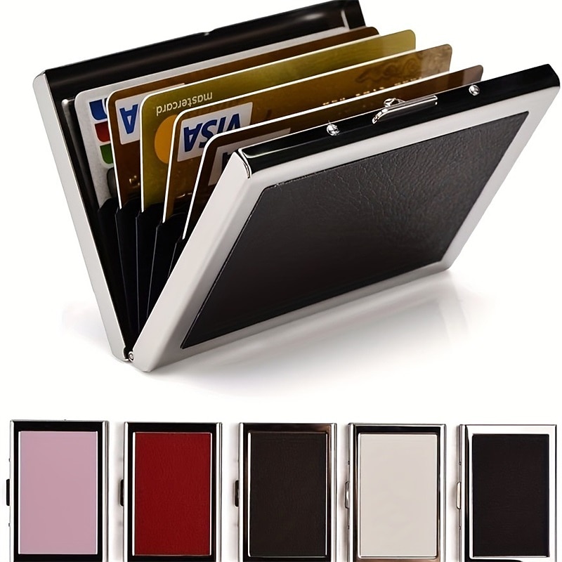 RFID Credit Card Holder Men Wallet Short Purse Stainless Steel And Leather Card Wallet