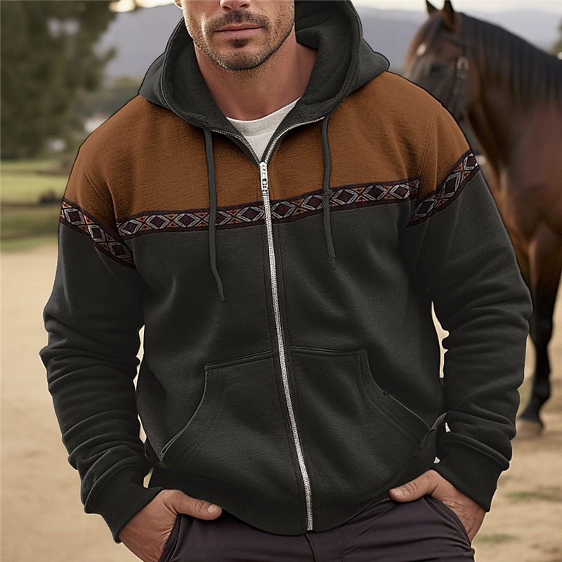Men's Full Zip Hoodie Zip Up Hoodie Black Navy Blue Brown Beige Hooded Color Block Tribal Zip Up Sports & Outdoor Daily Holiday Polyester Streetwear Cool Ethnic Spring &  Fall Clothing Apparel Hoodies4