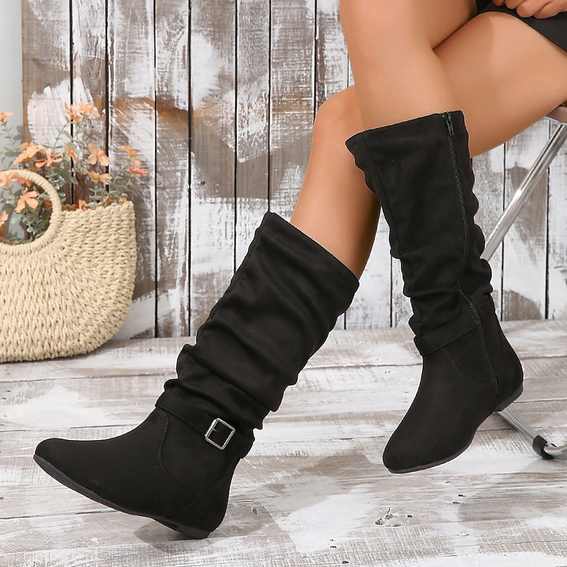 Women's Black Slouchy Mid-Calf Boots with Buckle Strap and Side Zipper, Comfortable Flat Heel for Casual Fall and Winter Outfits2
