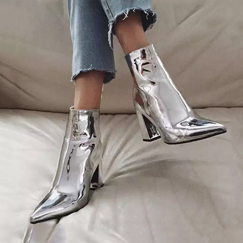 Women's Silver Metallic Ankle Boots with Faux Fur Lining, Pointed Toe and Block Heel, Warm Fashion Short Boots for Autumn Winter Party and Night Out3