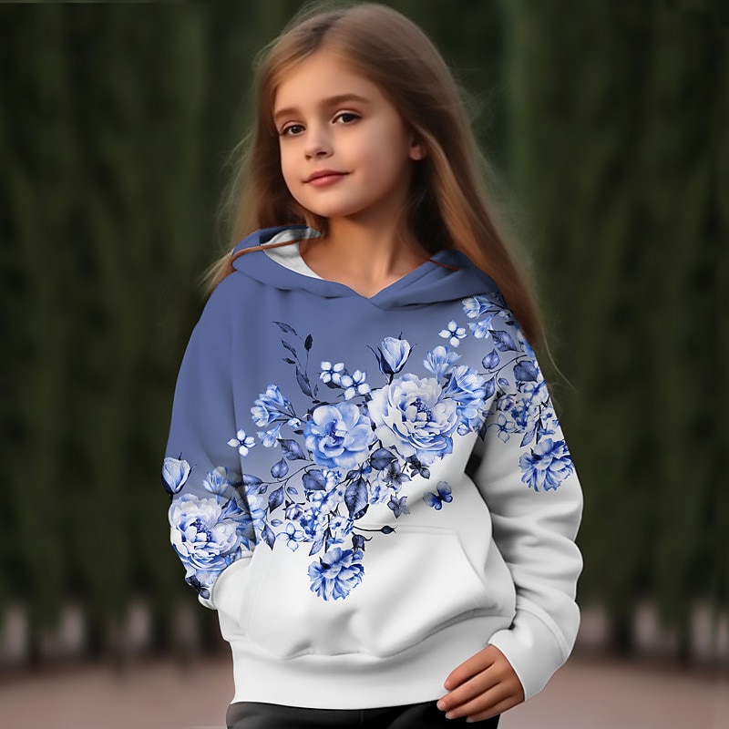 Girls' 3D Floral Hoodie Pullover Pink Long Sleeve 3D Print Fall Winter Active Fashion Cute Kids 3-12 Years Outdoor Casual Daily Regular Fit3