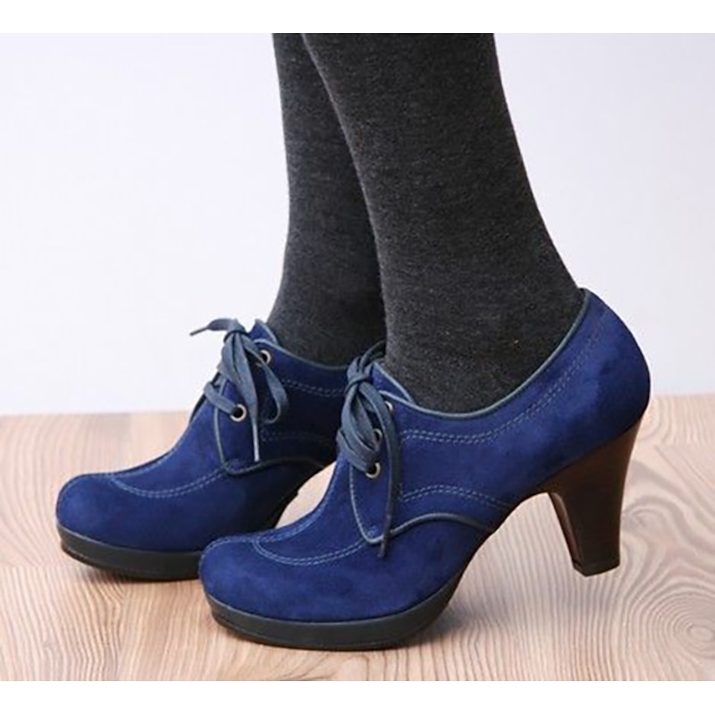Women's Blue and Green Suede Lace-Up Heeled Oxford Shoes - Vintage-Inspired Platform Ankle Boots for Casual and Dressy Outfits