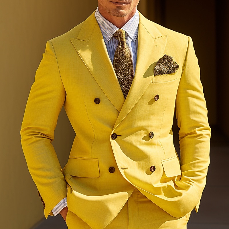 Men's Graduation Blazer Cocktail Attire Tuxedo Business Wedding Party Fashion Casual Spring &  Fall Polyester Plain Pocket Buttons Casual / Daily Double Breasted Blazer Yellow Burgundy Royal Blue