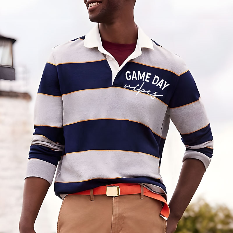 Men's Stripe Letter Rugby Polo Golf Polos Shirts Long Sleeve Polo Shirts Turndown Casual Outdoor Casual Daily Streetwear 3D Print Fall & Winter Black Dark Navy Blue2