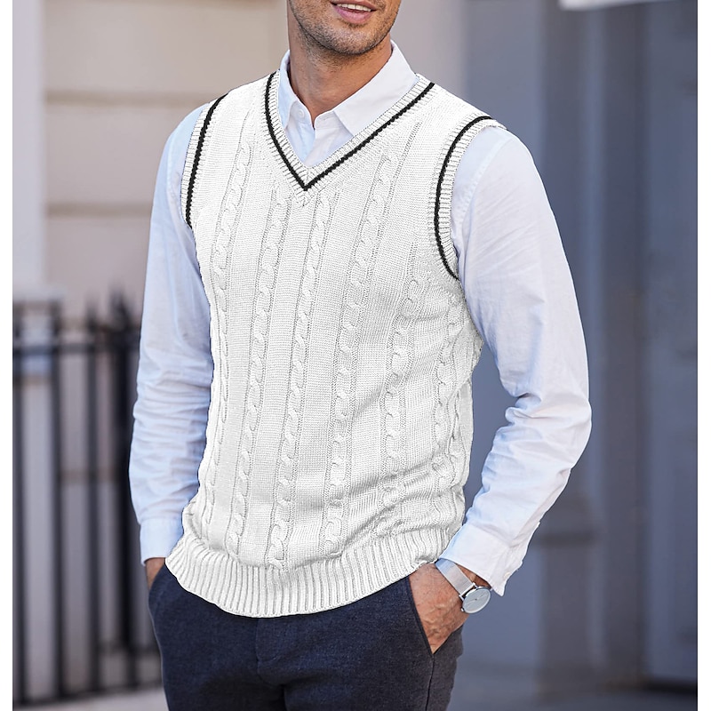 Men's Sweater Vest Pullover Sweater Jumper Cable Knit Layered Glitter Solid Color V Neck Ethnic Style Vintage Style Daily Drop Shoulder Winter Fall Black Blue S M L2