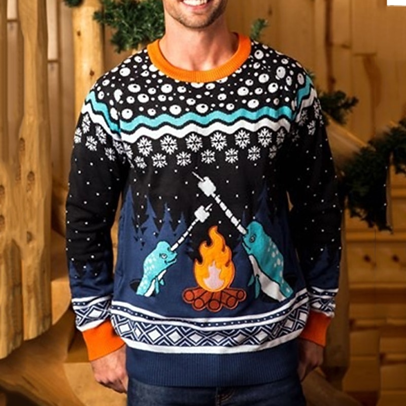 Ugly Christmas Sweater Men's Pullover Sweater Knitted Sweater Jumper Knitwear New Years Eve Sweater Daily Wear Vacation Long Sleeve Crew Neck Sweaters Navy Blue Purple Fall & Winter
