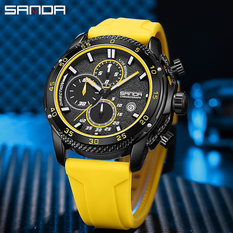 SANDA Men Quartz Watch Fashion Casual Business Wristwatch Luminous Calendar Waterproof Decoration Silicone Gel Watch