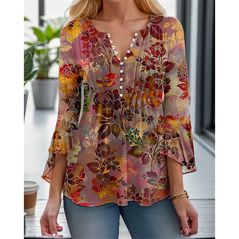 Women's T Shirt Henley Blouse Fashion Floral Buttons Print 3/4 Length Sleeve Regular Tops Round Neck Casual Holiday Red Blue Purple Green Spring &  Fall