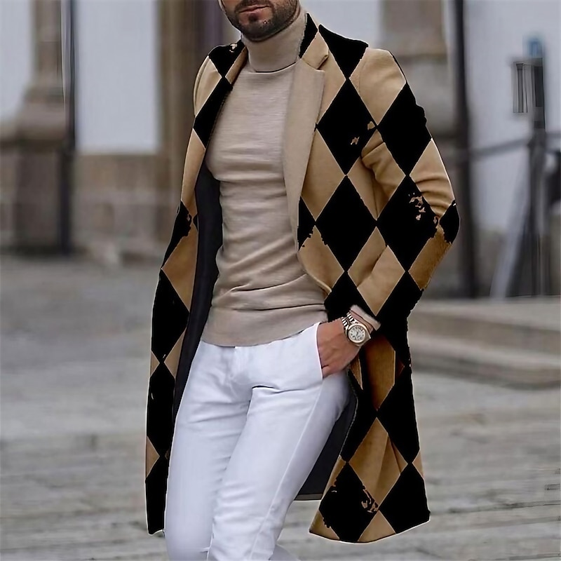 Men's Argyle Winter Coat Overcoat Coat Warm Comfortable Breathable Business Work Wear to work Going out Pocket Print Fall & Winter Stand Collar Long Sleeve White Blue Purple - Main Image