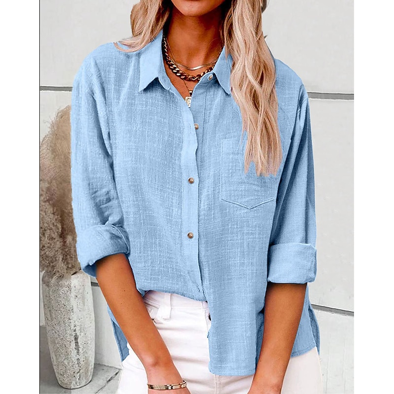 Women's Shirt Cotton Linen Shirts Button Up Blouse Plain Fashion Neon & Bright Long Sleeve Shirt Collar Regular Tops Casual Buttons Pocket Denim Blue Black White Yellow Pink Spring &  Fall