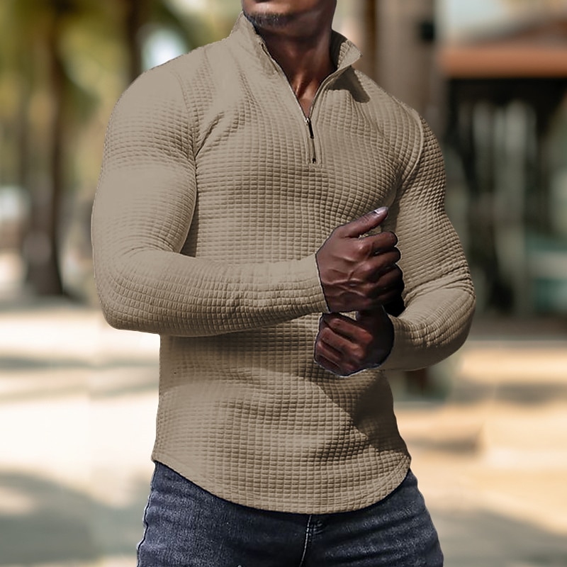 Men's Waffle Tee Waffle Shirt Zip Half Shirt Tee Top Long Sleeve Standing Collar Spring &  Fall Plain Fashion Designer Basic Zipper Vacation Street Going out Black White khaki Top Tee for Men4