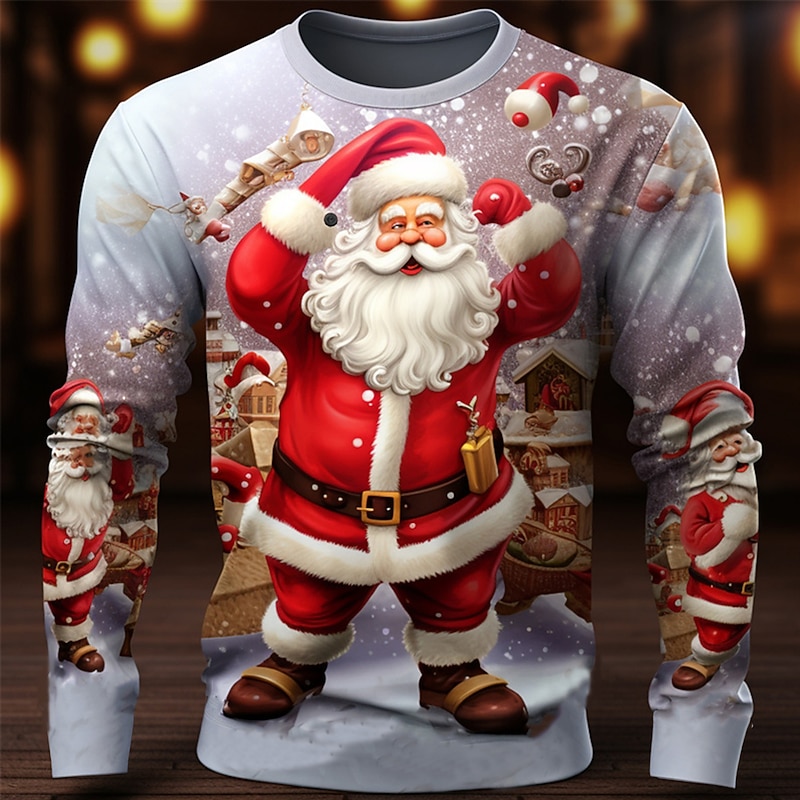 Christmas Men's Graphic Santa Claus T Shirt Long Sleeve T shirt 3D Print Crew Neck Shirt Fashion Designer Casual Sports Outdoor Holiday Going out Navy Blue Green Khaki Spring &  Fall Clothing Apparel